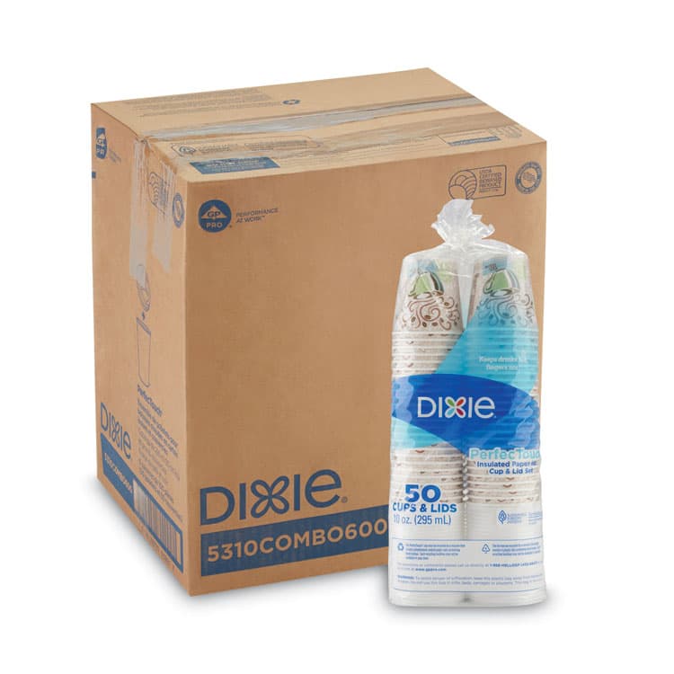 DIXIE FOOD SERVICE PerfecTouch Paper Hot Cups and Lids Combo, 10 oz, Coffee Haze Design, 50/Pack, 6 Packs/Carton (DXE5310CMB600CT)