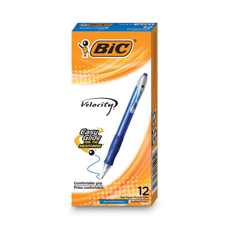 BIC CORP. Velocity Easy Glide Ballpoint Pen, Retractable, Medium 1 mm, Blue Ink, Translucent Blue Barrel, Dozen (BICVLG11BE)