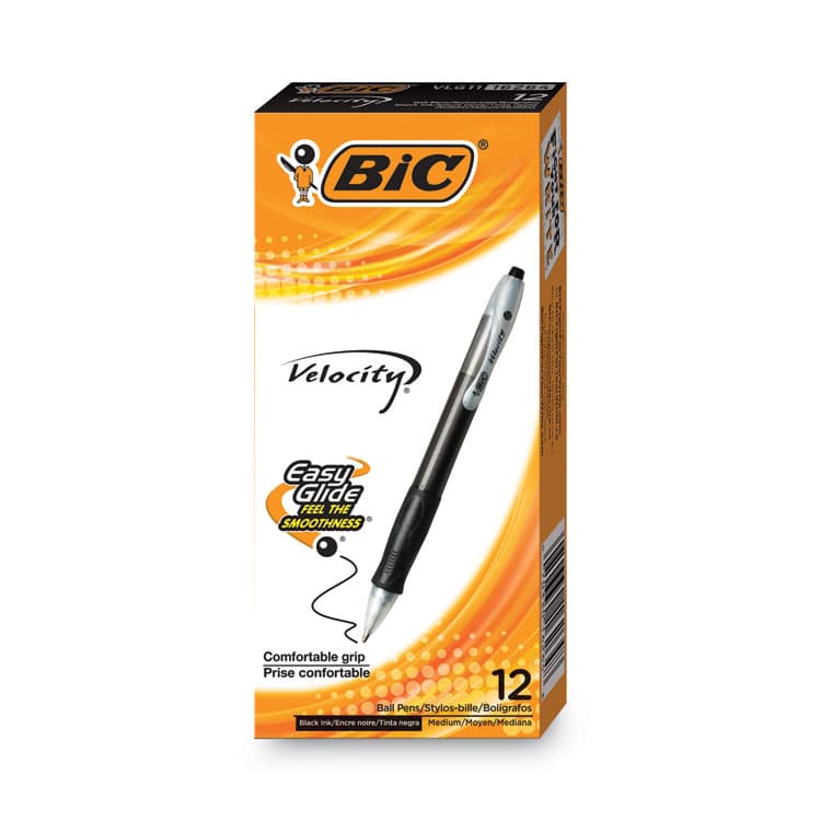 BIC CORP. Velocity Easy Glide Ballpoint Pen, Retractable, Medium 1 mm, Black Ink, Translucent Black Barrel, Dozen (BICVLG11BK)
