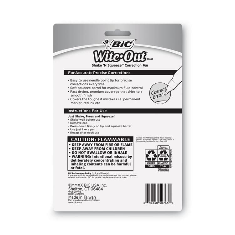 BIC CORP. Wite-Out Shake 'n Squeeze Correction Pen, Needle Tip, 0.27 oz, White, 4/Pack (BICWOSQPP418) thumbnail 4