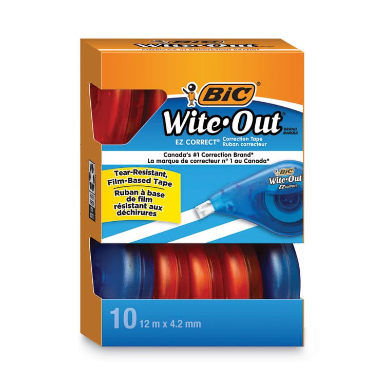 BIC CORP. Wite-Out Brand EZ Correct Correction Tape Value Pack, Non-Refillable, 0.17" x 39.33 ft, Randomly Assorted Colors, 10/Box (BICWOTAP10)