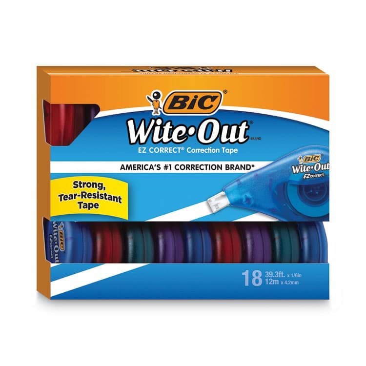 BIC CORP. Wite-Out Brand EZ Correct Correction Tape Value Pack, Non-Refillable, 0.17" x 39.33 ft, Randomly Assorted Colors, 18/Pack (BICWOTAP18)