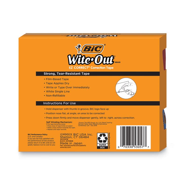 BIC CORP. Wite-Out Brand EZ Correct Correction Tape Value Pack, Non-Refillable, 0.17" x 39.33 ft, Randomly Assorted Colors, 18/Pack (BICWOTAP18) thumbnail 3