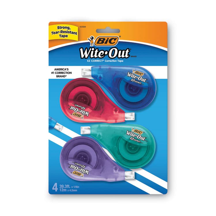 BIC CORP. Wite-Out Brand EZ Correct Correction Tape, Non-Refillable, 0.17" x 33.33 ft, Randomly Assorted Dispenser Colors, 4/Pack (BICWOTAPP418)