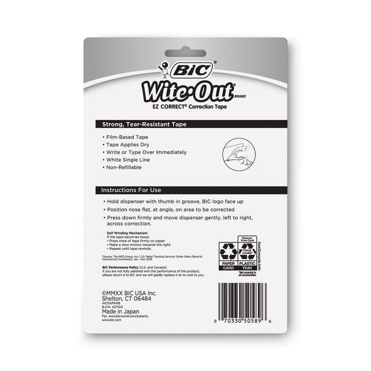 BIC CORP. Wite-Out Brand EZ Correct Correction Tape, Non-Refillable, 0.17" x 33.33 ft, Randomly Assorted Dispenser Colors, 4/Pack (BICWOTAPP418) thumbnail 3