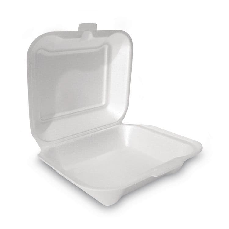 PLASTIFAR SA Foam Hinged Lid Container, Secure One Tab Latch, Poly Bag, 7.81 x 8.75 x 3.38, White, 100/Sleeve, 2 Sleeves/Bag, 1 Bag/Pack (PST12018)