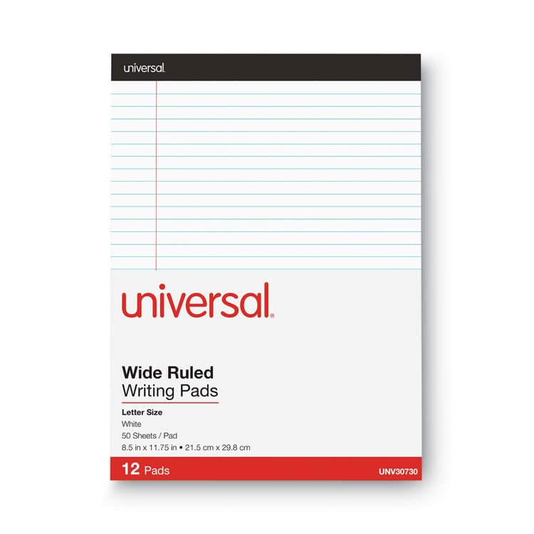 UNIVERSAL OFFICE PRODUCTS Premium Ruled Writing Pads with Heavy-Duty Back, Black Headband, Wide/Legal Rule, (50) White 8.5 x 11 Sheets, 12/Pack (UNV30730) thumbnail 2