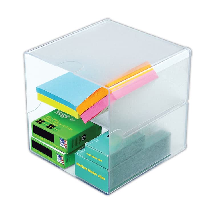 DEFLECTO CORPORATION Stackable Cube Organizer, Divided, 2 Compartments, Plastic, 6 x 6 x 6, Clear (DEF350701)