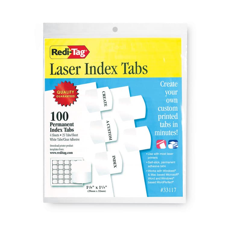 REDI-TAG CORPORATION Laser Printable Index Tabs, 1/5-Cut, White, 1.13" Wide, 100/Pack (RTG33117)