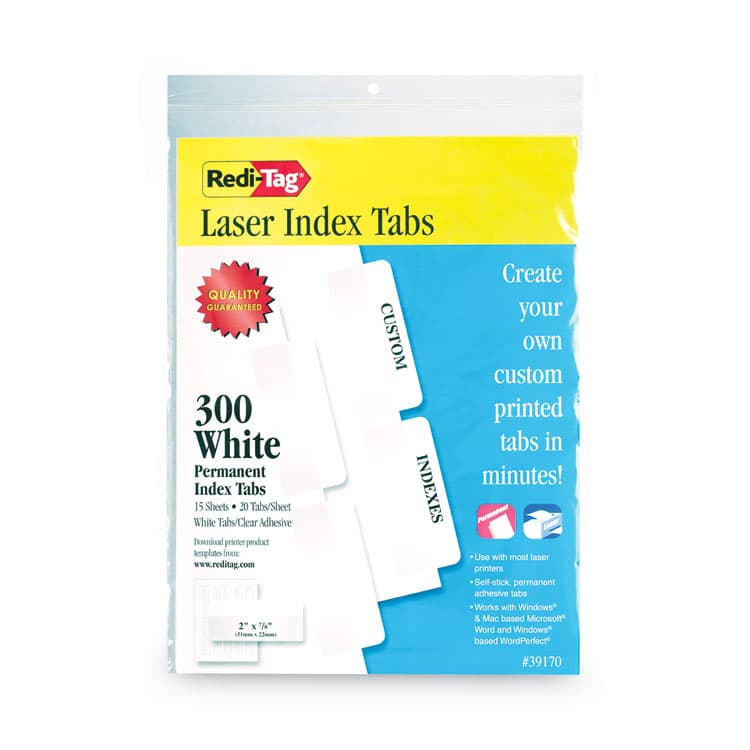 REDI-TAG CORPORATION Laser Printable Index Tabs, 1/5-Cut, White, 2" Wide, 300/Pack (RTG39170)