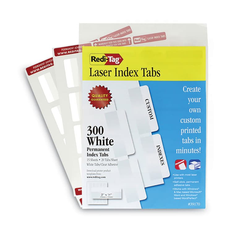 REDI-TAG CORPORATION Laser Printable Index Tabs, 1/5-Cut, White, 2" Wide, 300/Pack (RTG39170) thumbnail 2