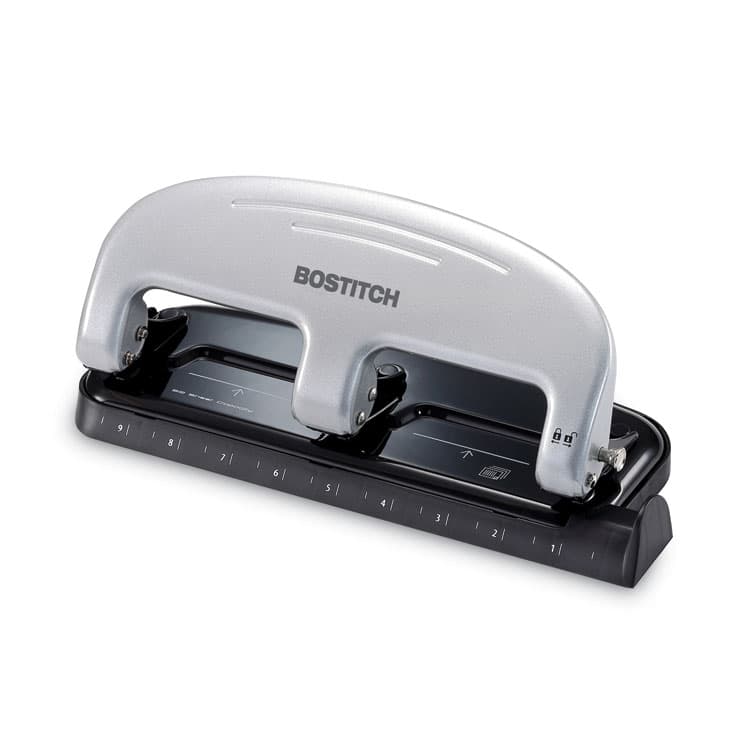 STANLEY BOSTITCH 20-Sheet EZ Squeeze Three-Hole Punch, 9/32" Holes, Black/Silver (ACI2220)