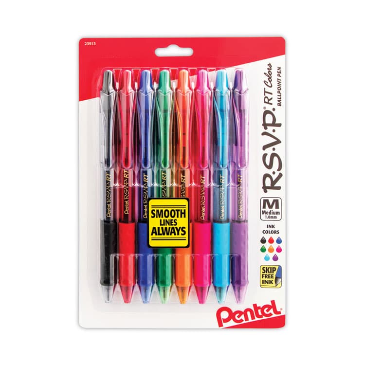 PENTEL OF AMERICA R.S.V.P. RT Ballpoint Pen, Retractable, Medium 1 mm, Assorted Ink Colors, Clear Barrel, 8/Pack (PENBK93CRBP8M)
