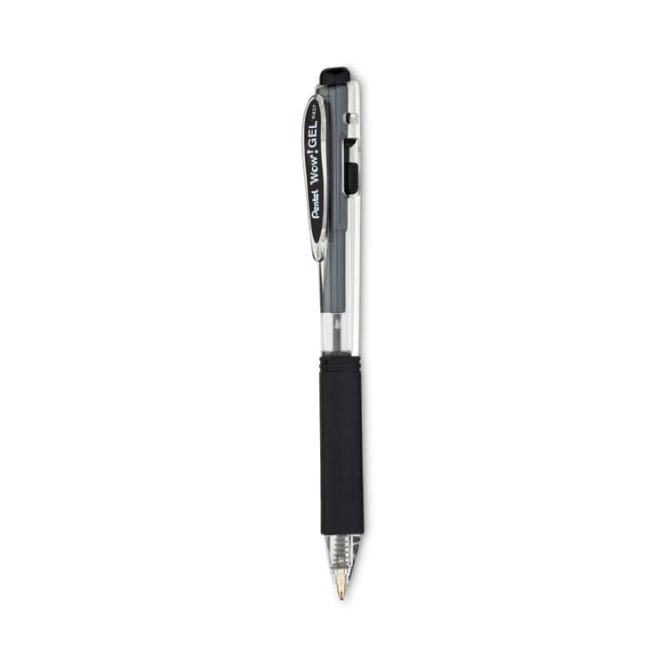 PENTEL OF AMERICA WOW! Gel Pen, Retractable, Medium 0.7 mm, Black Ink, Clear/Black Barrel, Dozen (PENK437A)