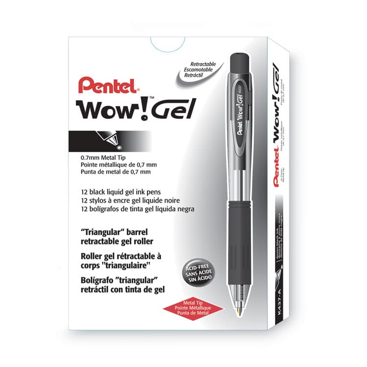 PENTEL OF AMERICA WOW! Gel Pen, Retractable, Medium 0.7 mm, Black Ink, Clear/Black Barrel, Dozen (PENK437A) thumbnail 2