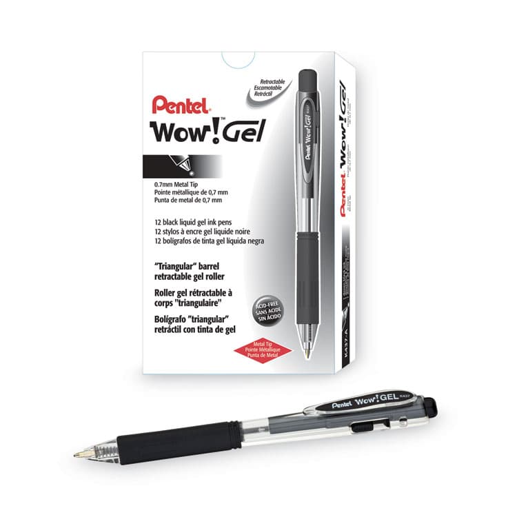 PENTEL OF AMERICA WOW! Gel Pen, Retractable, Medium 0.7 mm, Black Ink, Clear/Black Barrel, Dozen (PENK437A) thumbnail 3