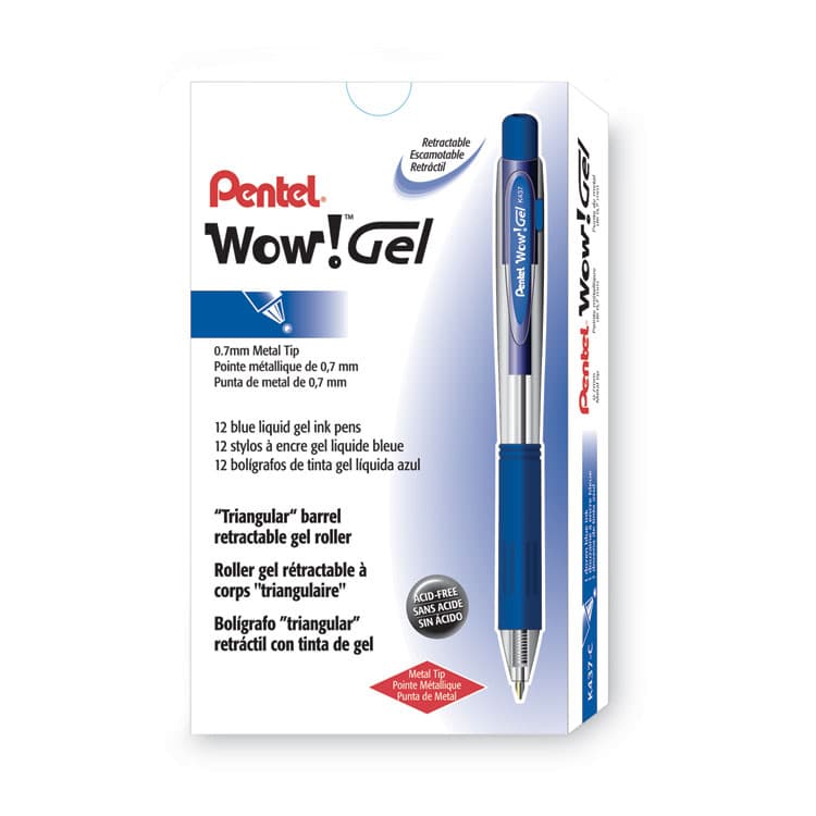 PENTEL OF AMERICA WOW! Gel Pen, Retractable, Medium 0.7 mm, Blue Ink, Clear/Blue Barrel, Dozen (PENK437C) thumbnail 2
