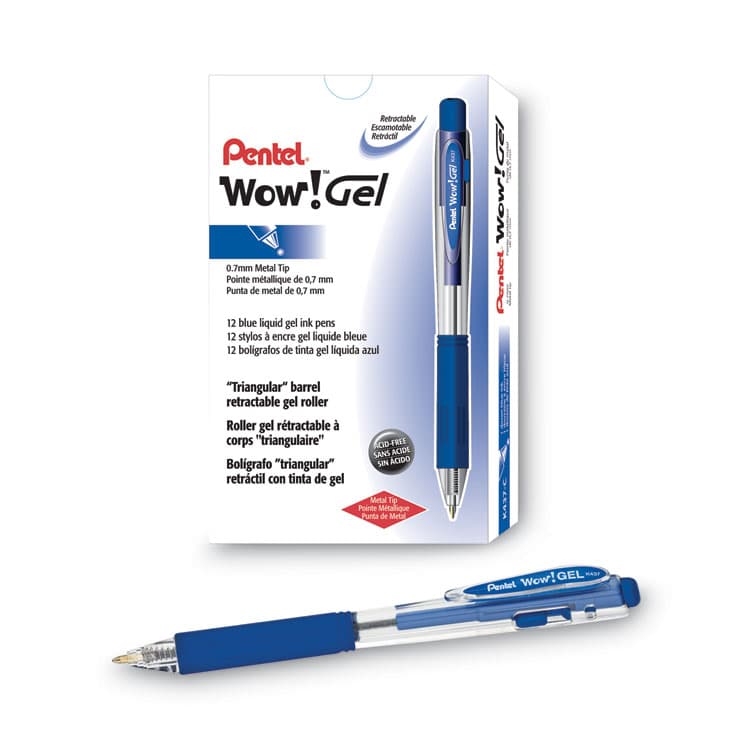 PENTEL OF AMERICA WOW! Gel Pen, Retractable, Medium 0.7 mm, Blue Ink, Clear/Blue Barrel, Dozen (PENK437C) thumbnail 3