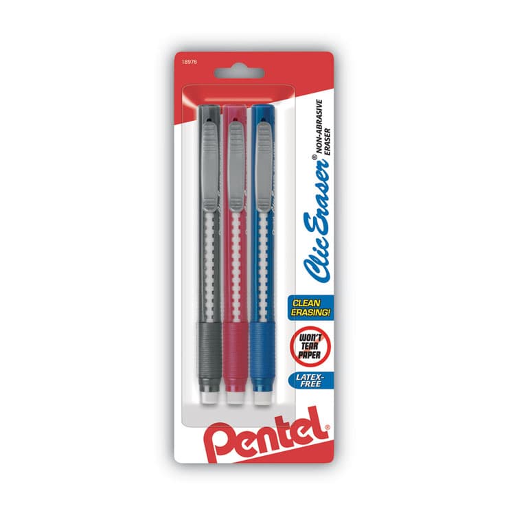 PENTEL OF AMERICA Clic Eraser Grip Eraser, For Pencil Marks, White Eraser, Randomly Assorted Barrel Color, 3/Pack (PENZE21BP3K6)