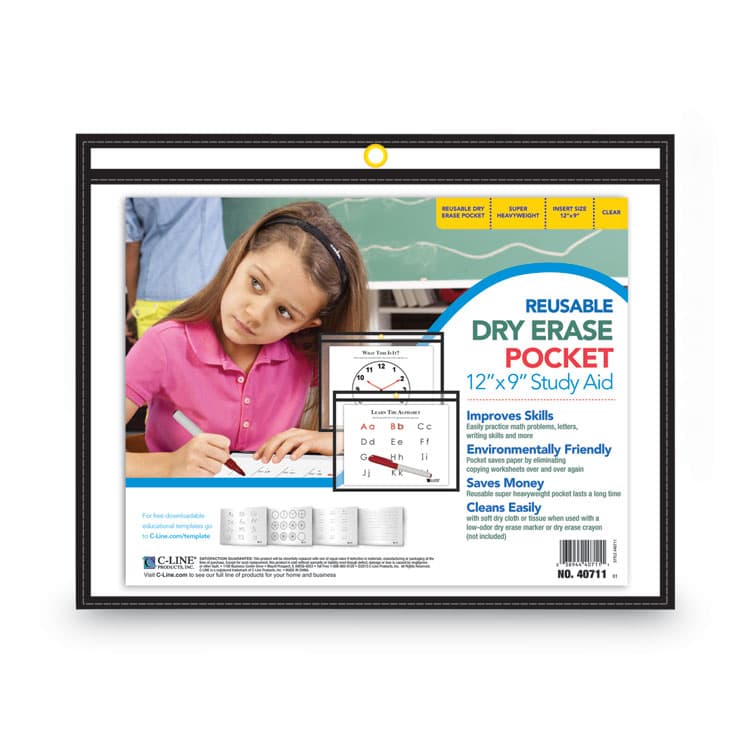 C-LINE PRODUCTS, Reusable Dry Erase Pockets, Super Heavy-Duty, Top Load 12 x 9 Insert, Clear Front, Black Border (CLI40711) thumbnail 3