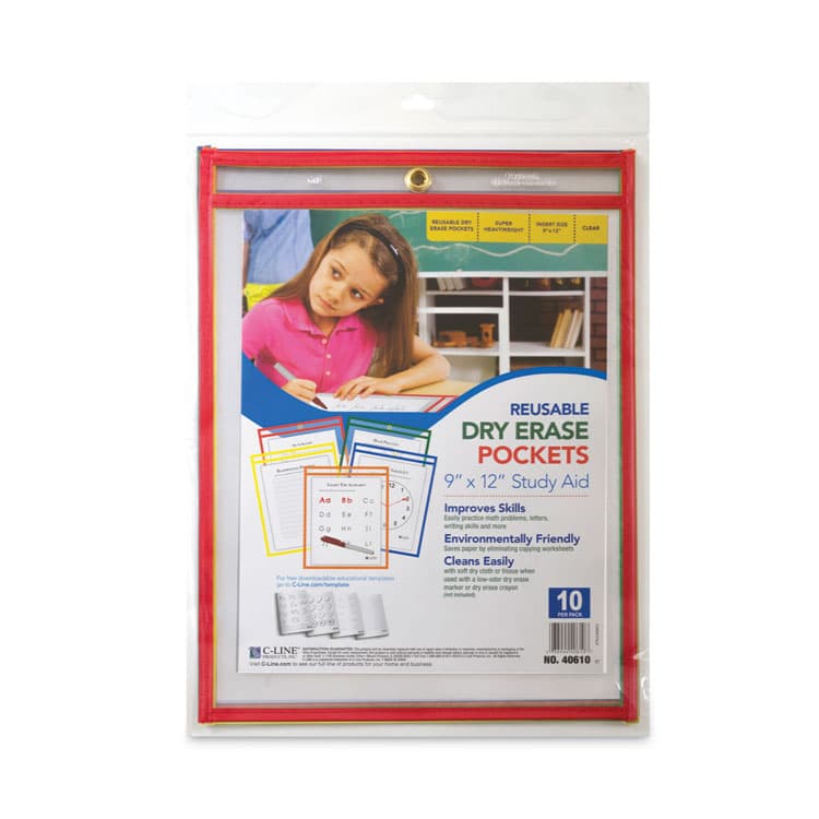 C-LINE PRODUCTS, Reusable Dry Erase Pockets, Super Heavy-Duty, Top Load 9 x 12 Insert, Clear Front, Assorted Border Colors, 10/Pack (CLI40610) thumbnail 4