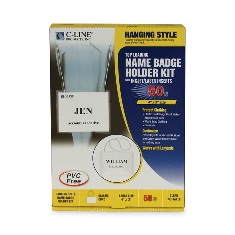 C-LINE PRODUCTS, Name Badge Kits, Top Load, 4 x 3, Clear, Elastic Cord, 50/Box (CLI96043) thumbnail 3