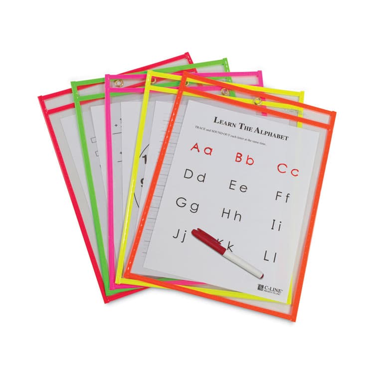 C-LINE PRODUCTS, Reusable Dry Erase Pockets, Super Heavy-Duty, Top Load 9 x 12 Insert, Clear Front, Assorted Neon Border, 10/Pack (CLI40810)