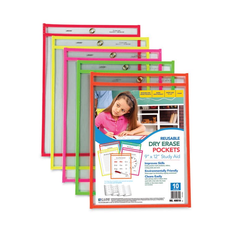 C-LINE PRODUCTS, Reusable Dry Erase Pockets, Super Heavy-Duty, Top Load 9 x 12 Insert, Clear Front, Assorted Neon Border, 10/Pack (CLI40810) thumbnail 3