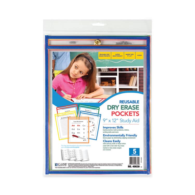 C-LINE PRODUCTS, Reusable Dry Erase Pockets, Super Heavy-Duty, Top Load 9 x 12 Insert, Clear Front, Assorted Border Colors, 5/Pack (CLI40630) thumbnail 3