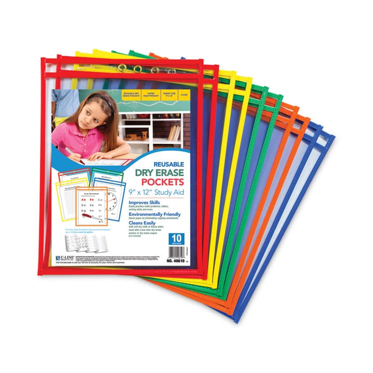 C-LINE PRODUCTS, Reusable Dry Erase Pockets, Super Heavy-Duty, Top Load 9 x 12 Insert, Clear Front, Assorted Border Colors, 10/Pack (CLI40610) thumbnail 3