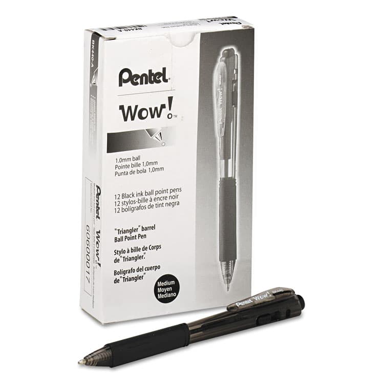 PENTEL OF AMERICA WOW! Ballpoint Pen, Retractable, Medium 1 mm, Black Ink, Smoke/Black Barrel, Dozen (PENBK440A)