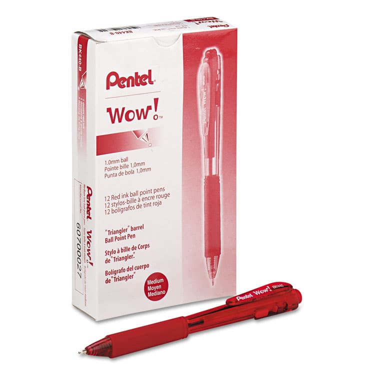 PENTEL OF AMERICA WOW! Ballpoint Pen, Retractable, Medium 1 mm, Red Ink, Translucent Red/Red Barrel, Dozen (PENBK440B)