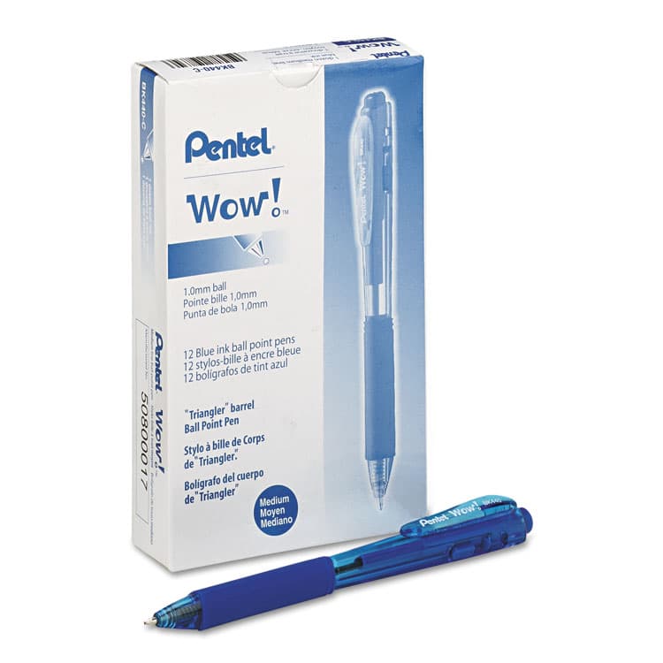 PENTEL OF AMERICA WOW! Ballpoint Pen, Retractable, Medium 1 mm, Blue Ink, Translucent Blue/Blue Barrel, Dozen (PENBK440C)