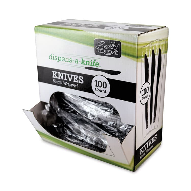 BERK ENTERPRISES Dispens-a-Knife, Individually Wrapped, Mediumweight Knife, Plastic, Black, 100/Box (BSQBEP90200)