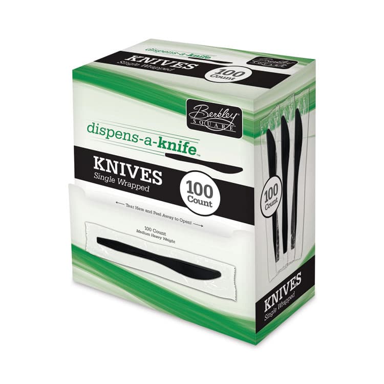 BERK ENTERPRISES Dispens-a-Knife, Individually Wrapped, Mediumweight Knife, Plastic, Black, 100/Box (BSQBEP90200) thumbnail 2