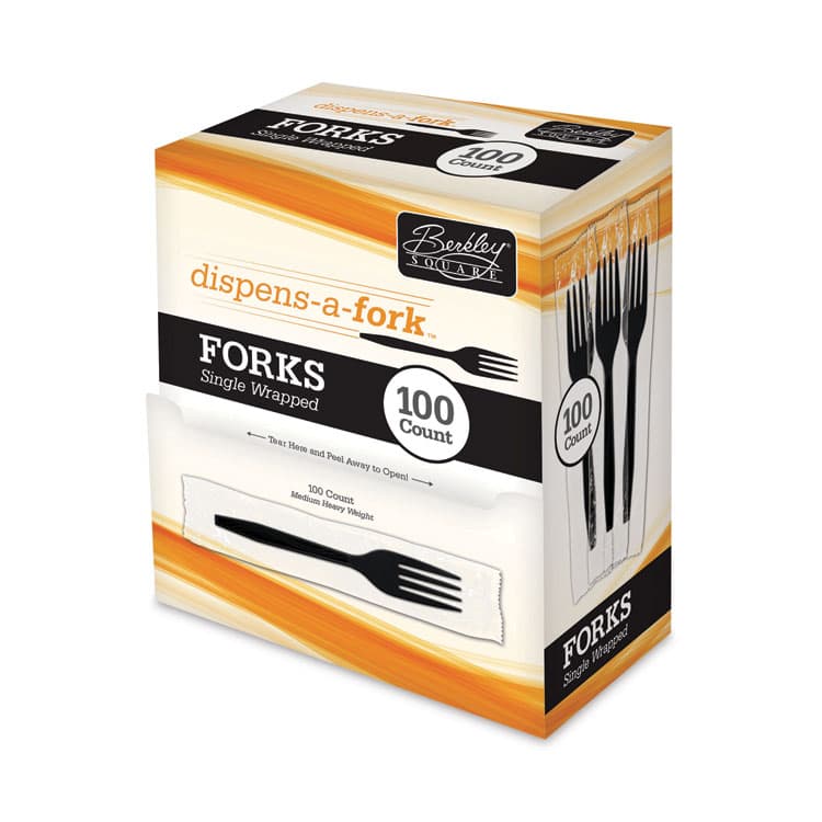 BERK ENTERPRISES Dispens-a-Fork, Individually Wrapped, Mediumweight Fork, Plastic, Black, 100/Box (BSQBEP90202) thumbnail 2