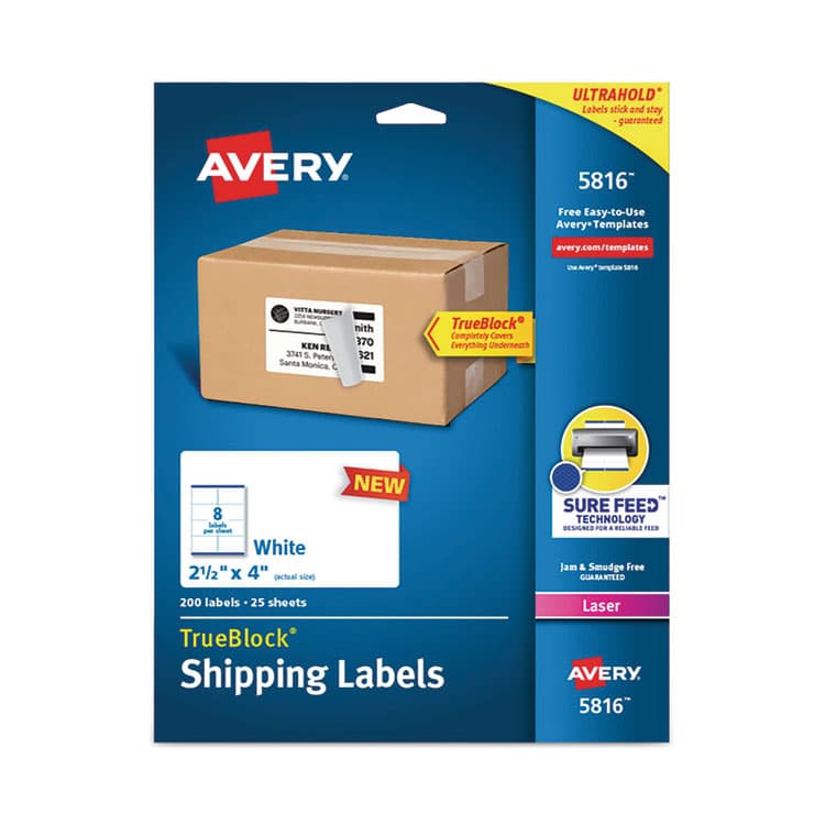 AVERY PRODUCTS CORPORATION Shipping Labels with TrueBlock Technology, Laser Printers, 2.5 x 4, White, 8/Sheet, 25 Sheets/Pack (AVE5816)