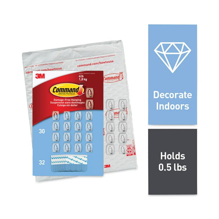 3M/COMMERCIAL TAPE DIV. Mini Hooks, Plastic, Clear, Supports 0.5 lb, 30/Pack (MMM17006CLR30NA)