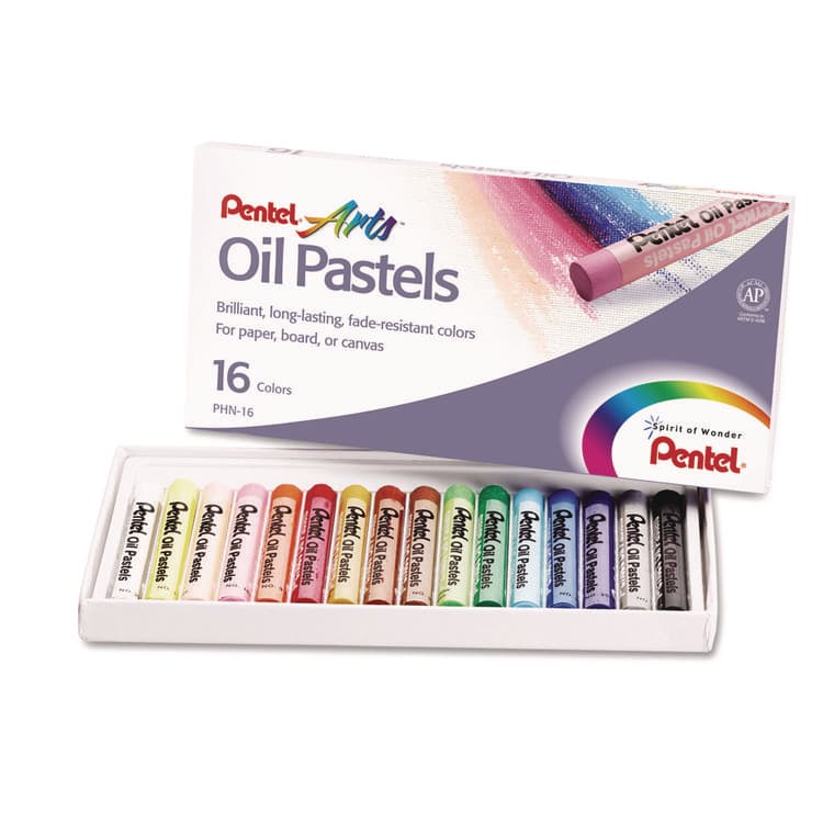 PENTEL OF AMERICA Oil Pastel Set With Carrying Case, 16 Assorted Colors, 0.38" dia x 2.38", 16/Pack (PENPHN16)