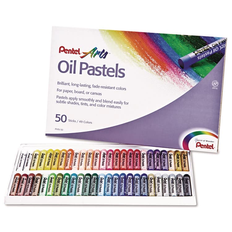 PENTEL OF AMERICA Oil Pastel Set With Carrying Case, 45 Assorted Colors, 0.38' dia x 2.38", 50/Pack (PENPHN50)