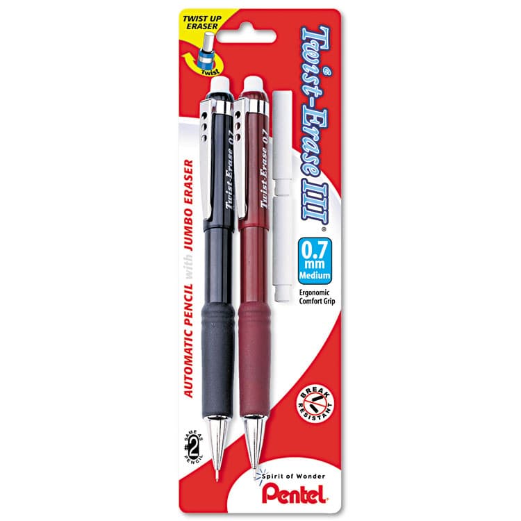 PENTEL OF AMERICA Twist-Erase III Mechanical Pencil, 0.7 mm, HB (#2), Black Lead, Assorted Barrel Colors, 2/Pack (PENQE517BP2K6)