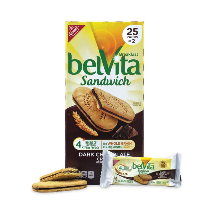NABISCO FOOD GROUP belVita Breakfast Biscuits, Dark Chocolate Creme Breakfast Sandwich, 1.76 oz Pack, 25 Packs/Carton (GRR22000570) thumbnail 2