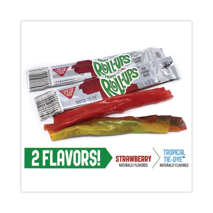 GENERAL MILLS Fruit Roll-Ups Fruit Snacks, Strawberry and Tropical Tie-Dye Flavors, 0.5 oz, 72 Pouches/Carton (GRR22001037) thumbnail 2