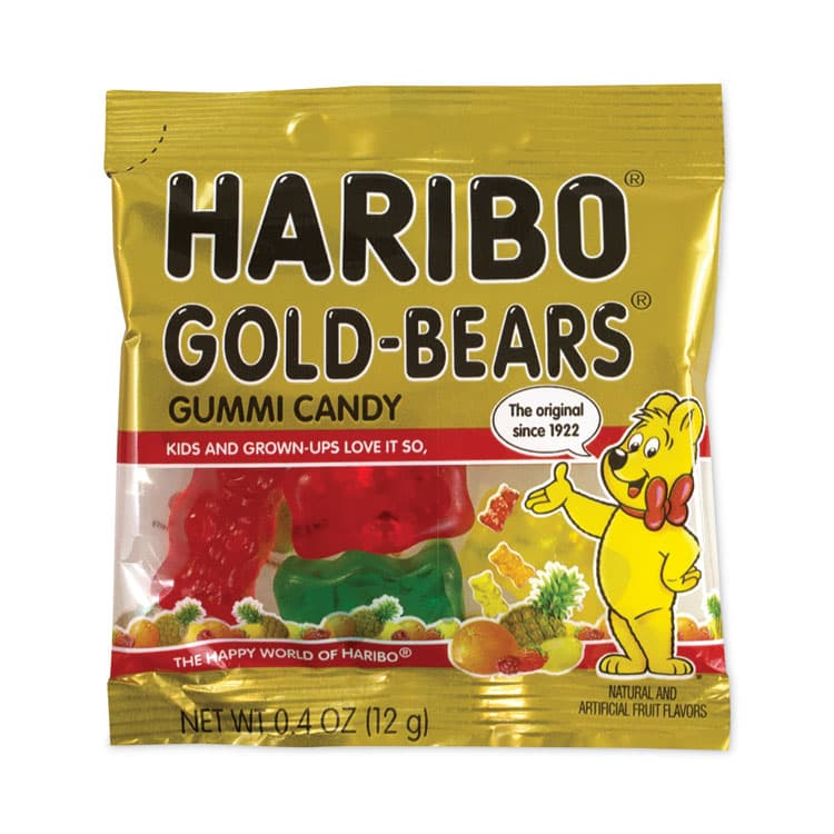HARIBO Goldbears Gummi Candy, 0.4 oz Pouches, Lemon; Orange; Pineapple; Rasberry; Strawberry, 54/Carton (GRR20900181)