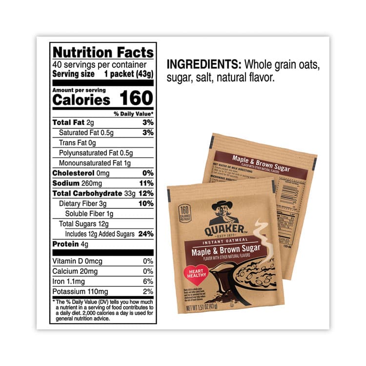 QUAKER OATS COMPANY Instant Oatmeal, Maple and Brown Sugar, 1.51 oz Packet, 40/Carton (GRR22000754) thumbnail 4