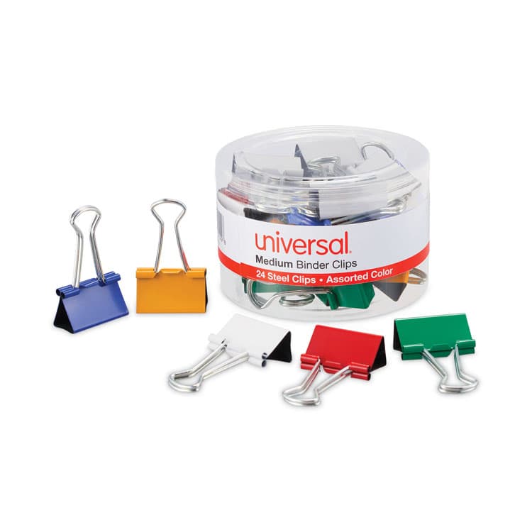 UNIVERSAL OFFICE PRODUCTS Binder Clips with Storage Tub, Medium, Assorted Colors, 24/Pack (UNV31029) thumbnail 2