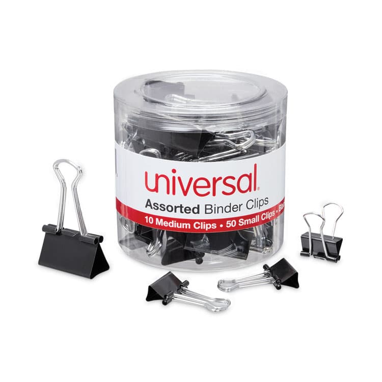 UNIVERSAL OFFICE PRODUCTS Binder Clips with Storage Tub, (50) Small (0.75"), (10) Medium (1.25"), Black/Silver (UNV11160) thumbnail 2