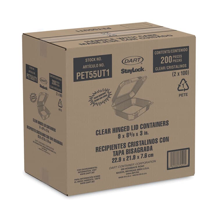 DART StayLock Clear Hinged Lid Containers, 8.6 x 9 x 3, Clear, Plastic, 200/Carton (DCCPET55UT1) thumbnail 2
