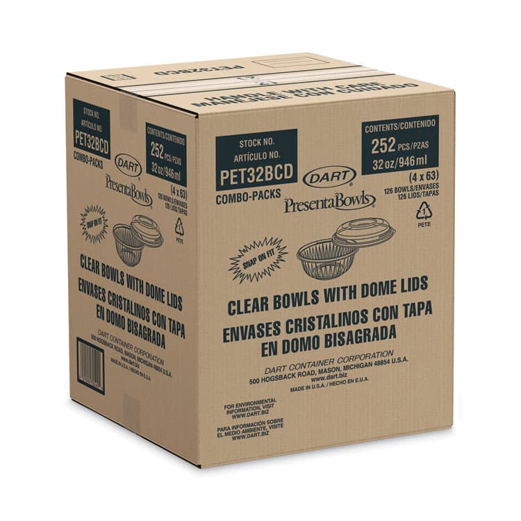 DART PresentaBowls Bowl/Lid Combo-Paks, 32 oz, 7.25" Diameter x 2.88" h, Clear, Plastic, 63/Pack, 2 Pack/Carton (DCCPET32BCD) thumbnail 2