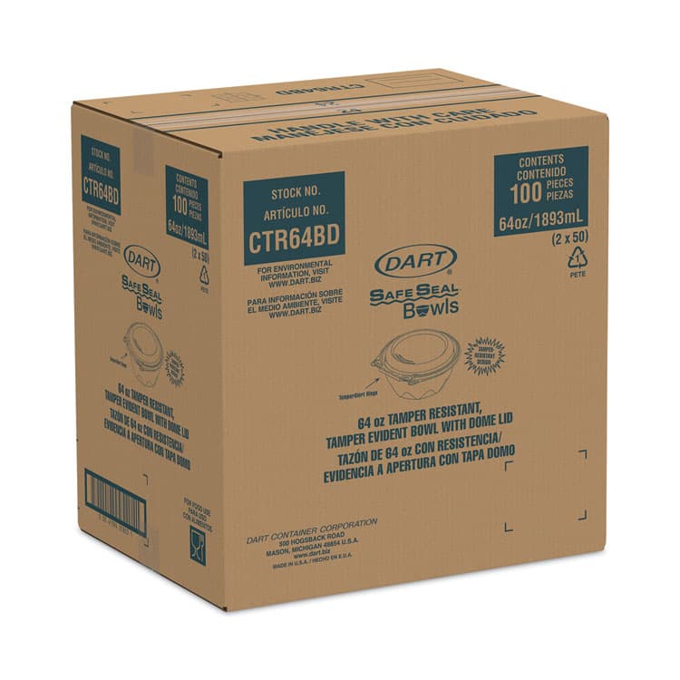 DART SafeSeal Tamper-Resistant, Tamper-Evident Bowls with Dome Lid, 64 oz, 8.9" Diameter x 4" h, Clear, Plastic, 100/Carton (DCCCTR64BD) thumbnail 2